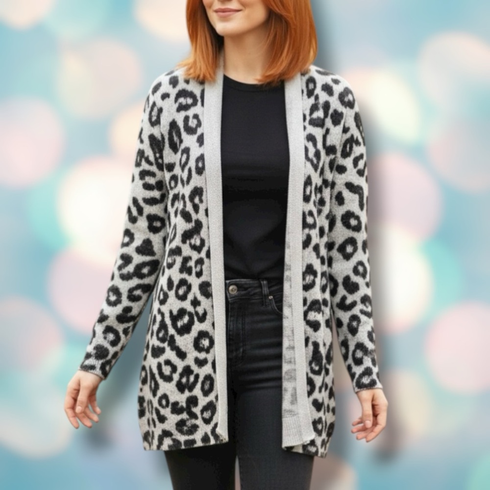 H&M Women’s Black Gray Leopard Print Open Front Cardigan Sweater Size S - Picture 1 of 4